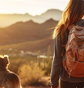 Person with a brown backpack hiking in a desert landscape at sunset, with a dog companion nearby.