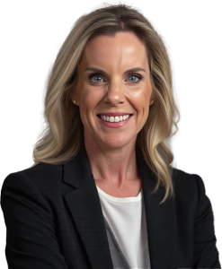 Professional woman in a black blazer and white blouse, smiling for a corporate headshot.